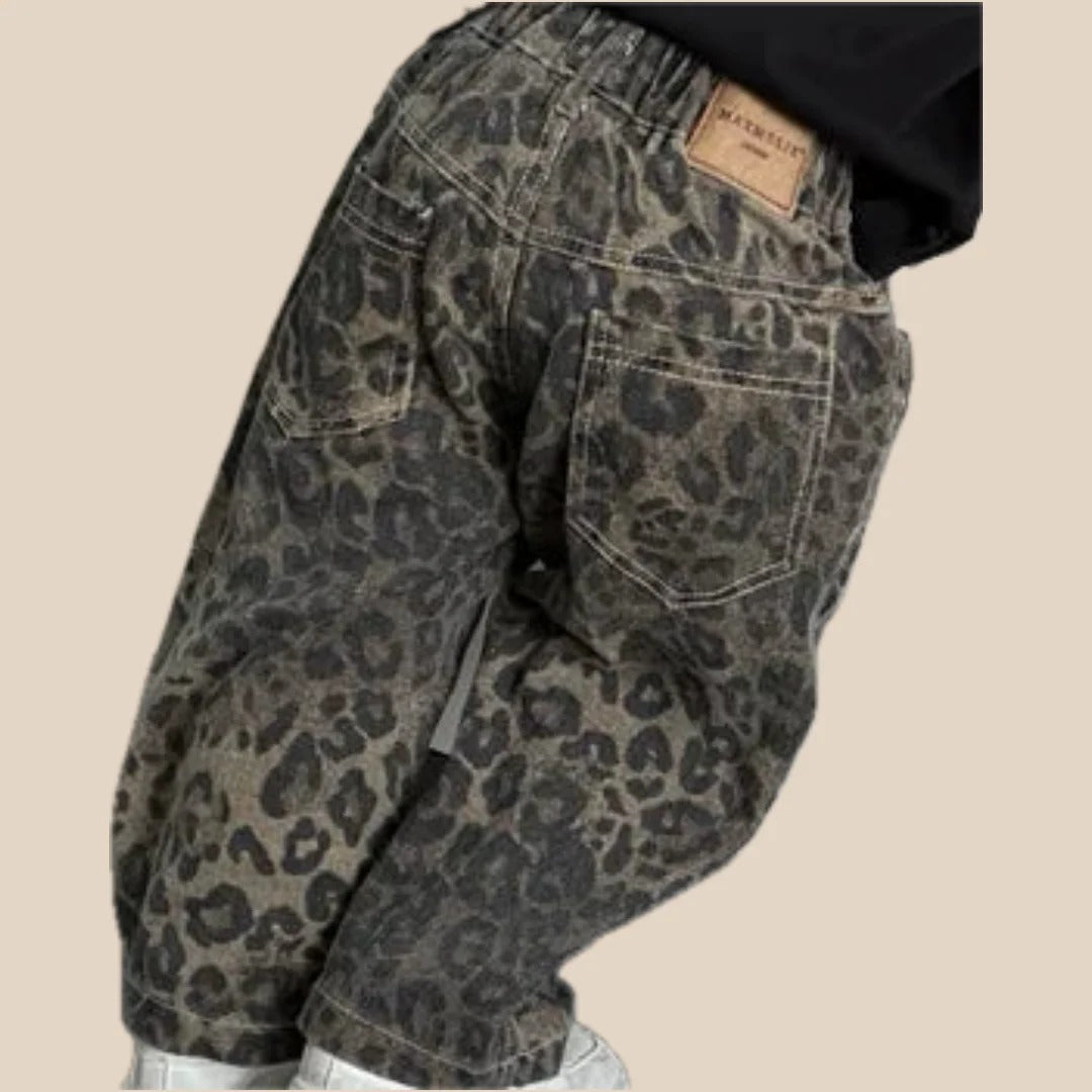 Mädchen Schwarze Denim-Jeans mit Leopardenmuster