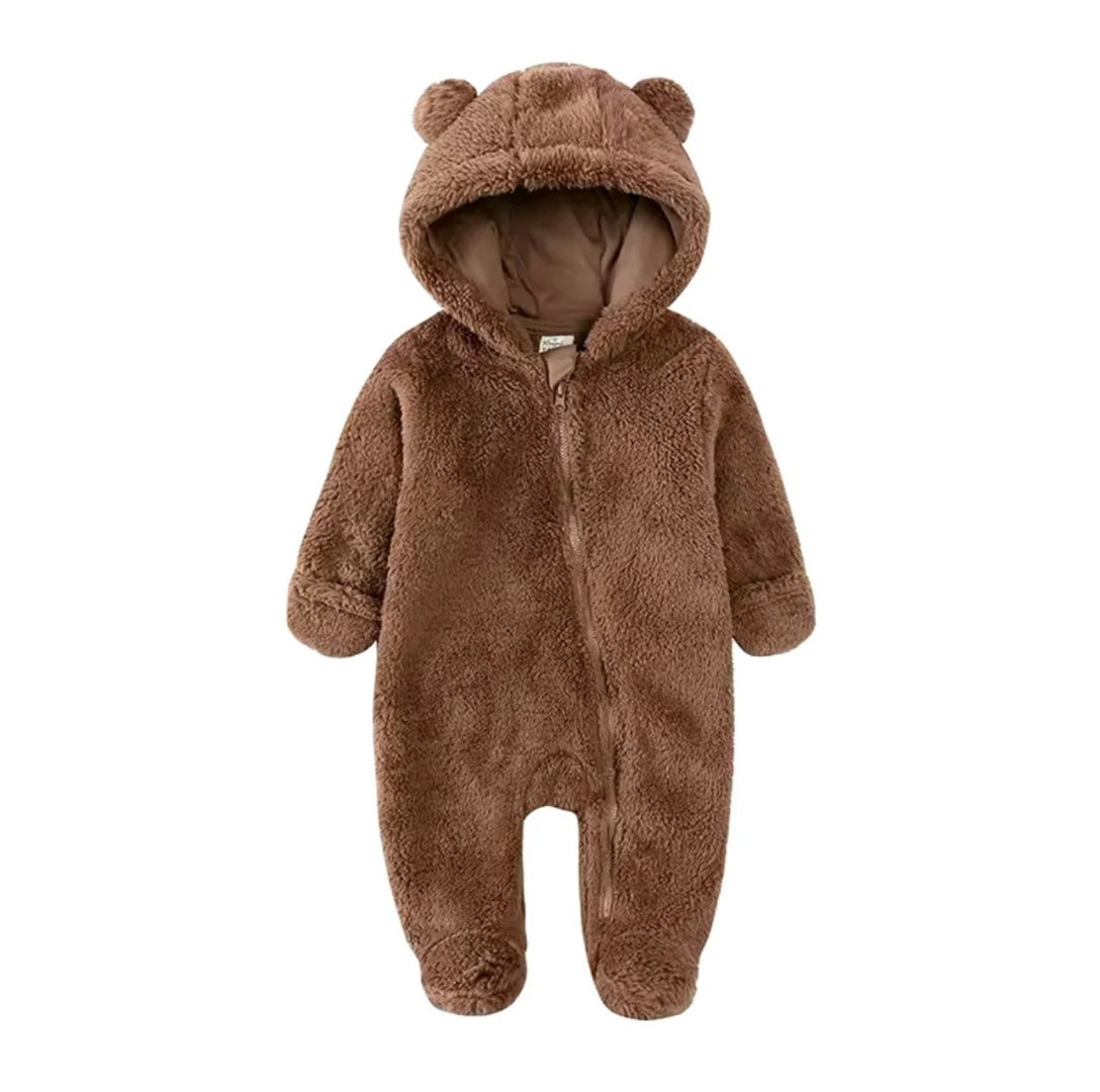 Winteroverall für Säuglinge in Braun mit Kapuze und Ohren-Details