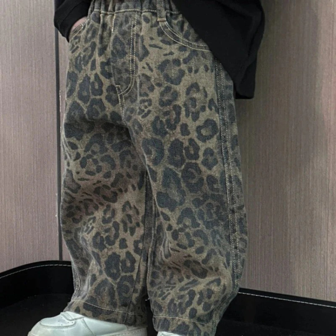 Mädchen Schwarze Denim-Jeans mit Leopardenmuster