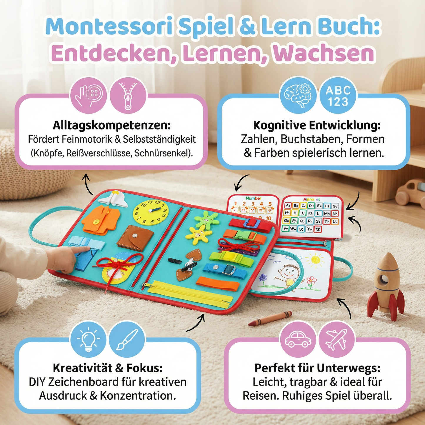 Interactive Learning Book | Montessori Educational Tool with Fine Motor Skills Activities | Portable Resource for Cognitive Development 1